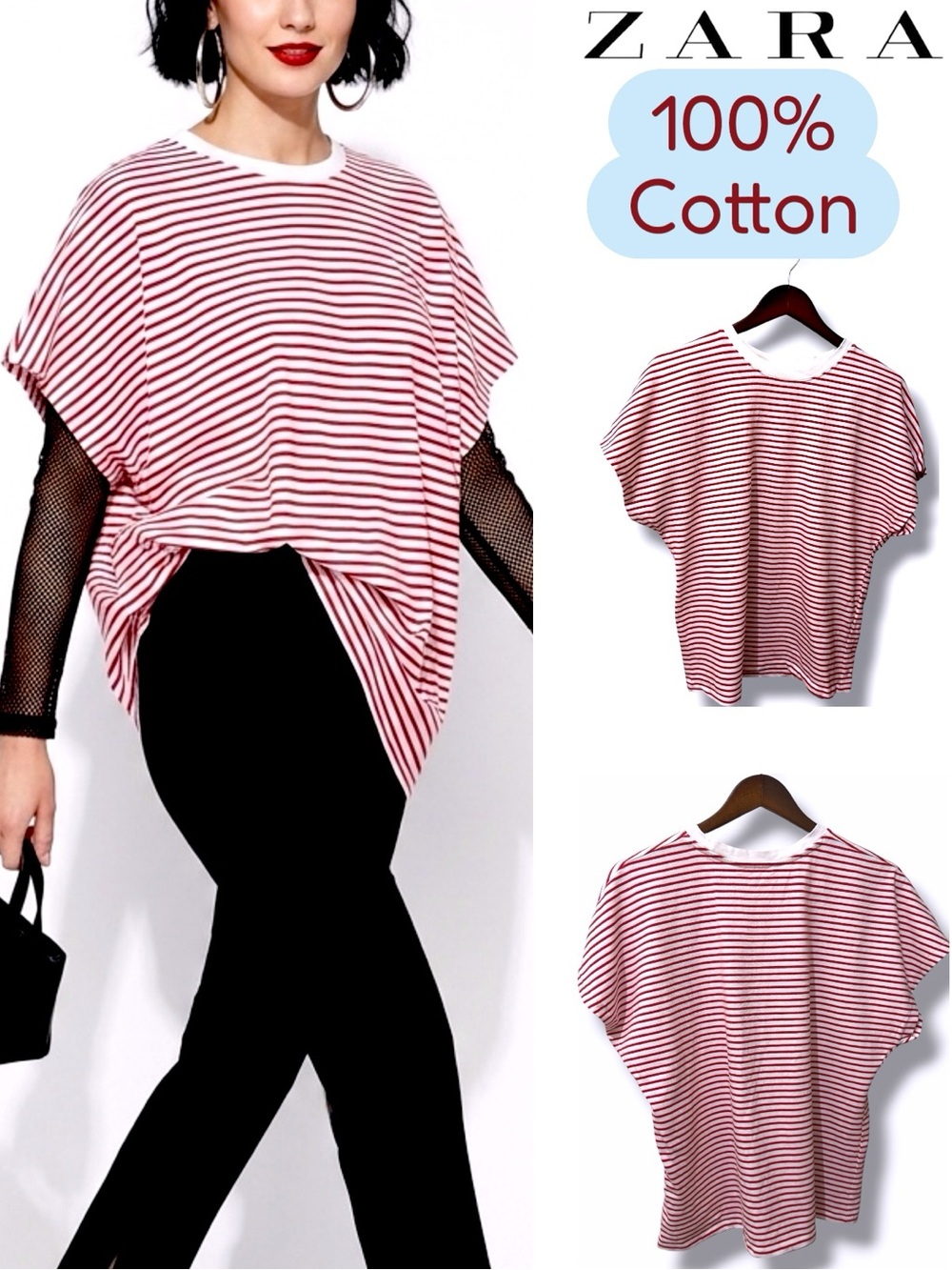 ZARA | NWOT Cotton Oversized Red White Striped Short Dolman Sleeve Boxy Tee (S/M